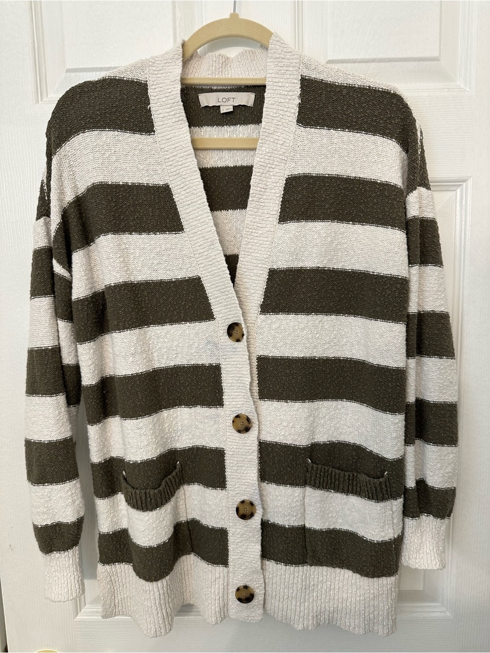 LOFT Striped Cotton Cardigan Sweater Olive Green Cream Button Front Small